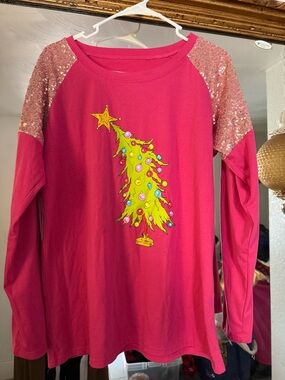 Girls' Pink Sequin Shoulder Christmas Tree Top